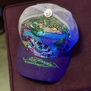Ed Hardy trucker cap hat rhinestone skull purple